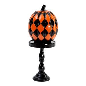 HAYMARKET SQUARE Checkerboard Pumpkin On Stand 13.5in Resin Black & Orange NEW
